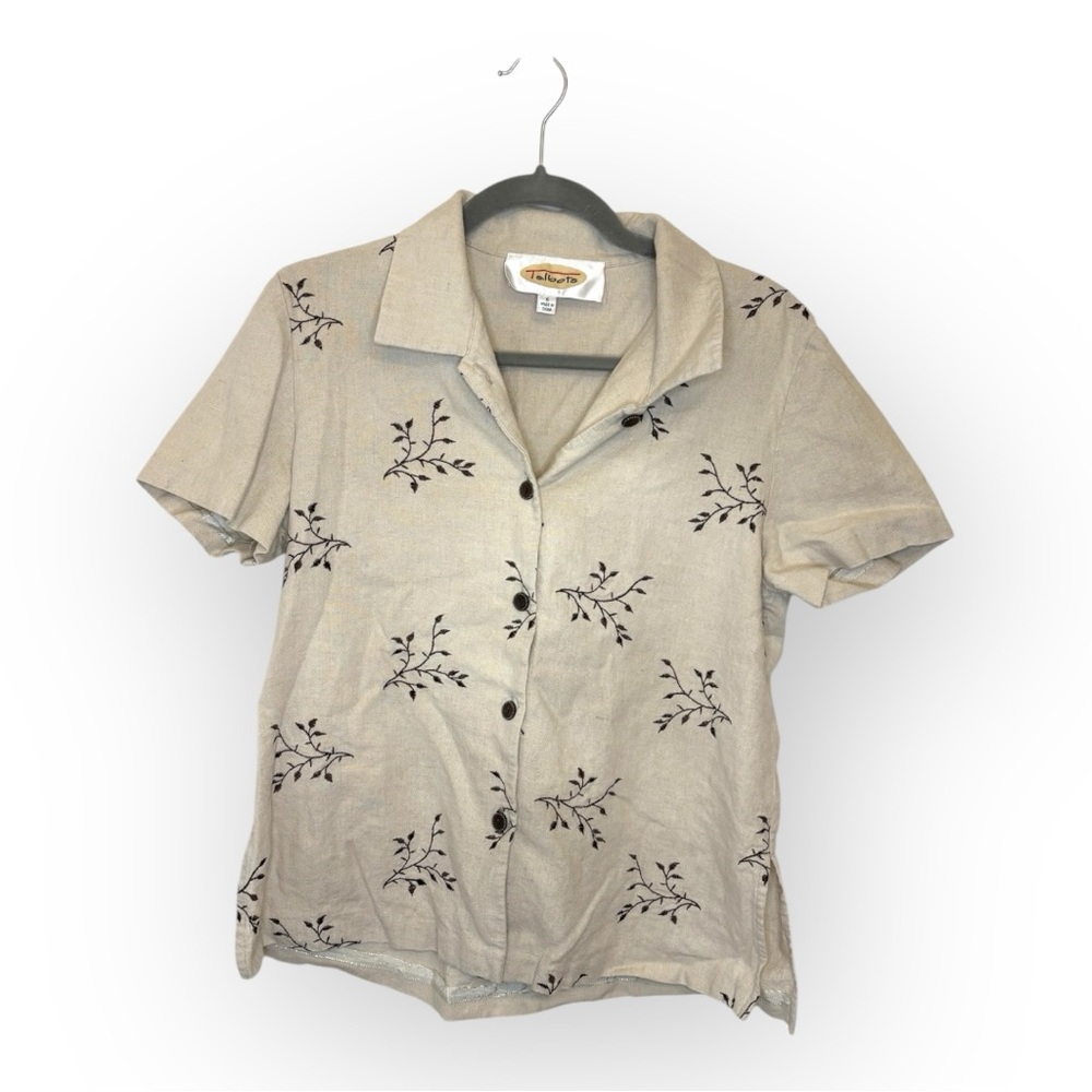 Vintage 90s Talbot's Travelers Linen Blend Button Up Blouse Embroidered Small